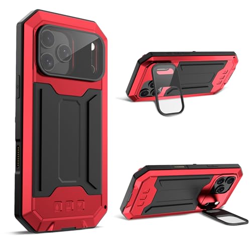 FunnyWin Compatible with iPhone 17 Pro Max Metal Case with Camera Cover Stand Built in Gorilla Glass Full Body Hybrid Military Heavy Duty Armor Silicone Rugged Phone Cover for Man Woman (Red)