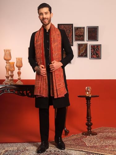 Image of Pashmoda Men Arcadia Borders Jamawar Shawl, Stole and Wrap, Sustainable and Natural Fabric, Heritage Kashmiri Pashmina, Medium Size for Gents, (Size 40x80 Inches)