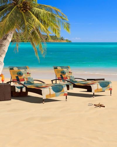 Geometric Yellow Beach Chair Cover with Side Pockets, Microfiber & Quick Dry Pool Chaise Lounge Chair Towels Covers for Sun Sunbathing Patio Garden Hotel, Modern Abstract Graffiti Painting Art