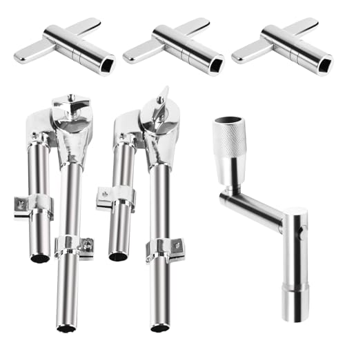Seteol Drum Key & Tom Drum Brackets Set, 3 Standard Square Lug Drum Tuning Keys + 1 Fast Rotary Tuning Key + 2 Adjustable Tom Stand Mount Holder Percussion Clamp, Hardware Parts Drum Accessories Tool