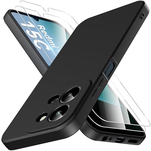 Qasyfanc Funda Compatible con Xiaomi Redmi 15C 4G / 5G con Protección de La Cámara y 2 Piezas Cristal Templado, Carcasa Suave TPU Silicona con Tapete de Microfibra Anti-Rasguño, Negro