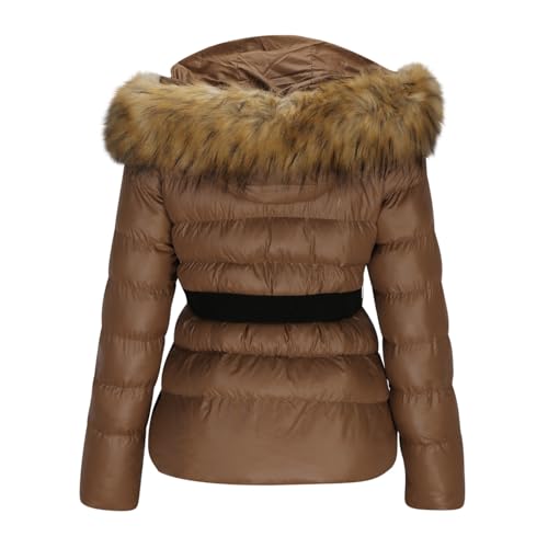 Puffer Jacket Womens Winter Casual Zip up Long Sleeve Faux Fur Hood Short down Jacket Vintage Lightweight Ladies Coat2