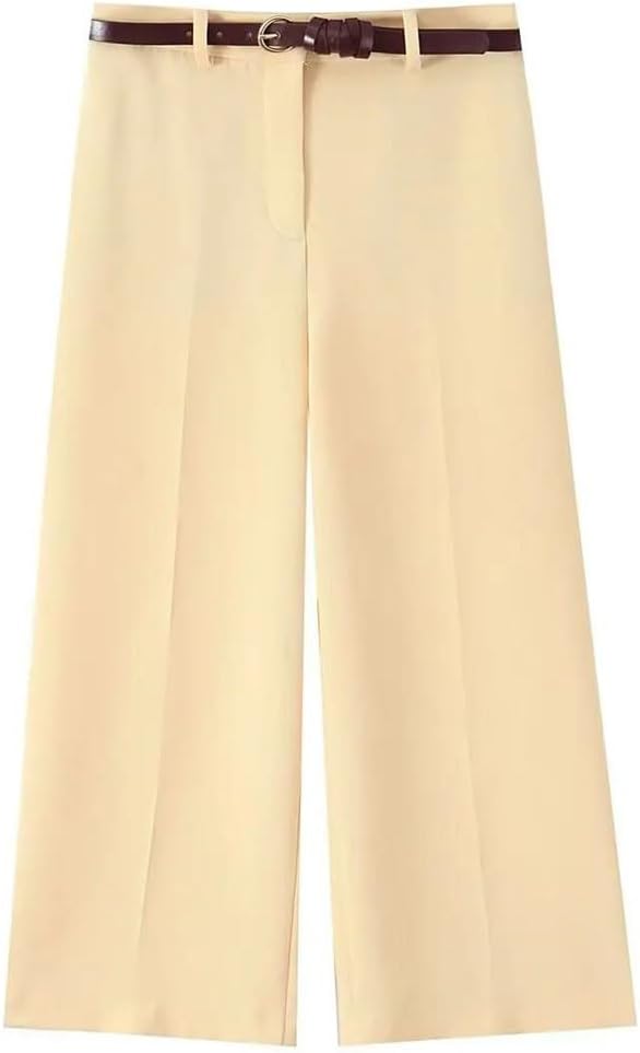 Women's Mid Waist Wide Leg Pants with Belt Slim Fit Work Trousers for Office Lady Commute