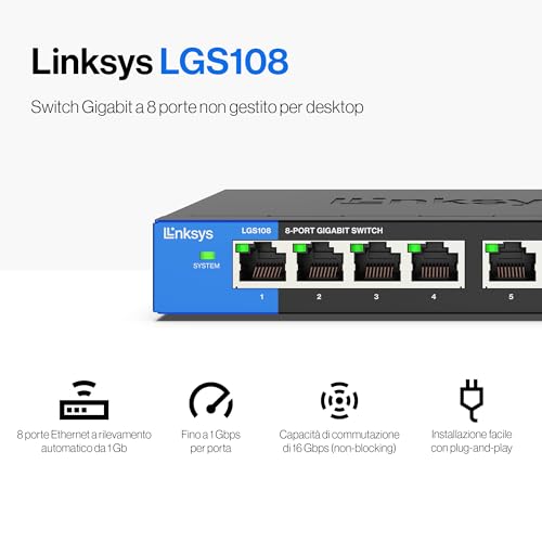 Linksys LGS108-EU Switch di rete Gigabit non gestito a 8 porte, hub Ethernet per casa e ufficio con chassis in metallo, montaggio a parete o su scrivania, sdoppiatore Ethernet, plug-and-play - Immagine 1