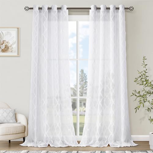 White Sheer Curtains 120 Inches Long 2 Panels Set for Geo Diamond Jacquard Embroidery Privacy Grommet Curtain Drapes for Large High Ceiling Windows Patio Sliding Glass Door 52x120 inch 10Ft Length
