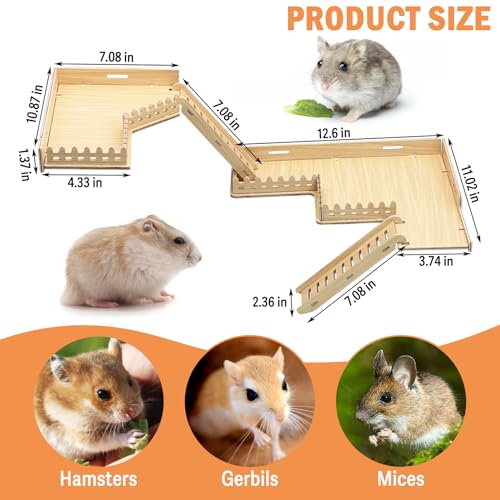 Fhiny Hamster Wooden Platform for Cage, 2-Tier Hanging Gerbil Climbing Platform with Ladder & Fence Hamster Activity Playground Habitat Decor Cage Accessories for Dwarf Hamster Gerbil Mice Rat Mouse - Thumbnail 3