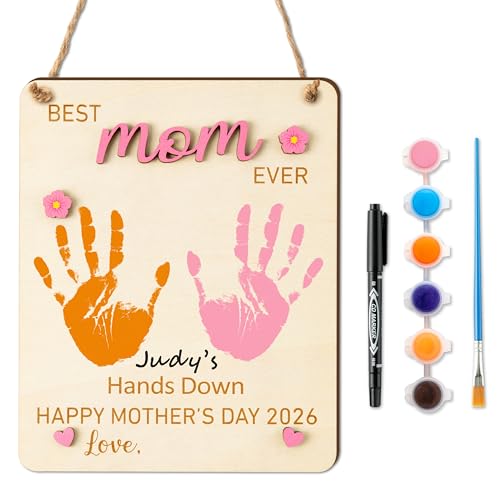 R HORSE 3D Mothers Day Handprint Art Craft - Best Mom Ever Handprint Wooden Hanging Sign DIY Babys First Mothers Day Birthday Handprint Making Sign for Mom Gift Children Toddler Baby Keepsake