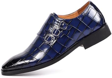 Men's Printed Oxford Dress Shoes, Stylish Metal Buckle Comfortable Slip-on Pointed Toe Dress Shoes Business Wedding Slip-on Men's Loafers (Blue,9.5)4