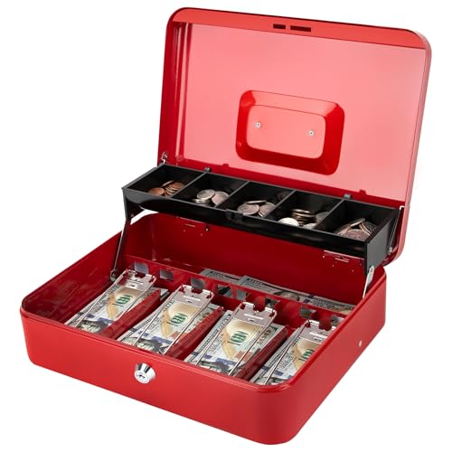 Jssmst Cash Box with Money Tray and Lock -Red Cash Box with Key Lock Safe Money Box Large, Locking Cash Register Drawer Box for Money, 11.8'' x 9.5'' x 3.5'', SM-CB005RED by Jssmst - Used condition - US$21.44