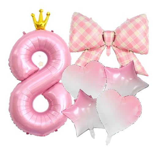 Pink Crown Number 8 Balloon Set, 40-Inch Birthday Decorations with Bow, Star and Heart Balloons (pink, number-8)