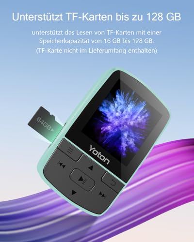Yoton MP3-Player mit Bluetooth 5.2, HiFi-Klangqualität, FM-Radio, Sprachaufnahme, unabhängiger Lautstärkeregler, inkl. Kopfhörer, erweiterbar auf 128 GB SD-Karte, Minzgrün
