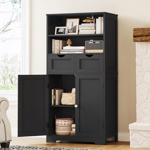 Iwell Tall Storage Cabinet, Black Storage Cabinet with 2 Drawers & Adjustable Shelves, Bathroom Cabinet for Living Room, Dining Room, Entryway, Black