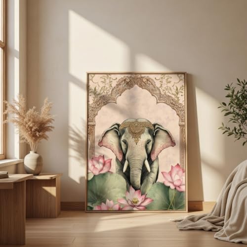 Image of SAF Royal Elephant Lotus Wall Art with Wooden Frame | Vintage Palace Arch HD UV Laminated Print on MDF | Elegant Vastu Animal Painting for Living Room Bedroom Decor 13.5 x 19.5 Inch