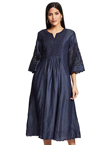Image of BIBA Cotton Blend Dyed A-Line Casual Dress