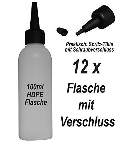 VanAnderen 12 Stück HD-PE-Flaschen 100 ml mit schwarzer Spritztülle - Leerflasche Kunstoffflasche Plastikflasche Spritzflasche Liquid-Quetschflasche mit Aufträgerspitze zum befüllen und mischen
