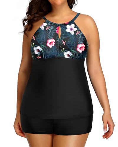 Aqua Eve Women Two Piece Plus Size Tankini Swimsuit with Shorts Tummy Control Bathing Suit High Neck Swimwear