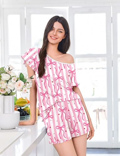 Image of Ekouaer Womens Pajama Set Summer Short Sleeve Pjs Sleepwear Cute 2 Piece Lounge Sets S-XXL