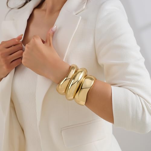 Chunky Gold Bangles Bracelets Stack for Women, Dainty 14k Gold Plated Wide Stackable Bangles Set, Trendy Statement Cuff Bracelet Stack Fashion Jewelry Gifts Style 1 — view 5