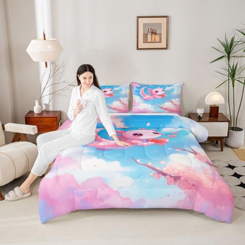 Image of Feelyou Cute Axolotl Bedding Set Cherry Blossoms Girls Comforter Set for Kids Teens Cartoon Salamander Ultra Soft Comforter Kawaii Ocean Sealife Duvet Set Room Decor Full Size Quilt Set