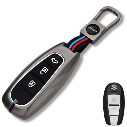 Image of KEYCEPT Metal Alloy Key Cover for Suzuki Baleno | Grand Vitara | S Cross | Ciaz | Swift | Ignis | XL6 | Fronx | Brezza | Jimny 3 Button Smart Key with Keychain (Short Keychain).