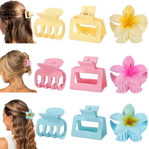 Hair Clips for Women 9 Pack Medium Claw Clips, No Slip Strong Hold Hair Clips for Thick & Thin Hair, Flower Square Aesthetic Styles for Everyday Styling, Trendy Hair Accessories (Pink)