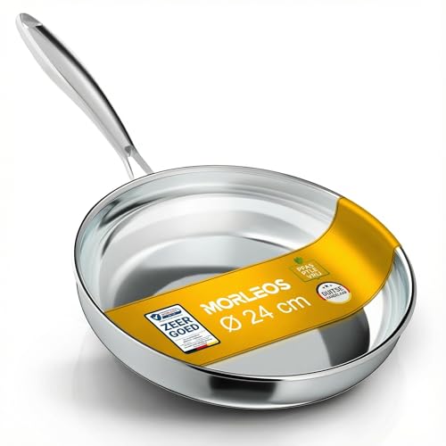Morleos roestvrijstalen pan 24 cm, ongecoat | 5-laags - 3 mm - 1 kg | 18/10 roestvrijstalen braadpan voor inductie | Vaatwasmachinebestendig & ovenbestendig tot 400°C | hoogwaardige gastrokwaliteit