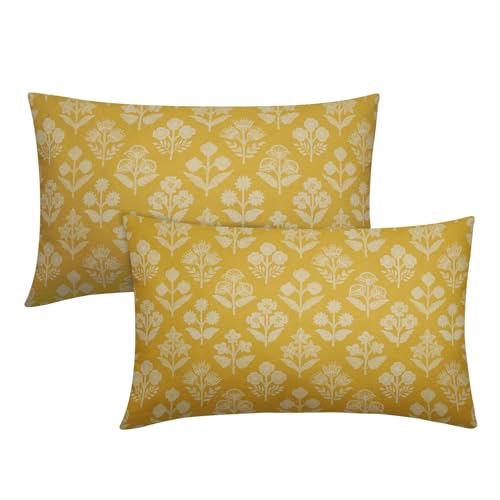 Sivirary Yellow Pillow Covers 12x20 Inch Set of 2, Cream Floral Block Print Pattern Lumbar Decorative Throw Pillowcases Outdoor Farmhouse Rectangle Cushion Covers Spring Summer Sofa Couch Bed Decor