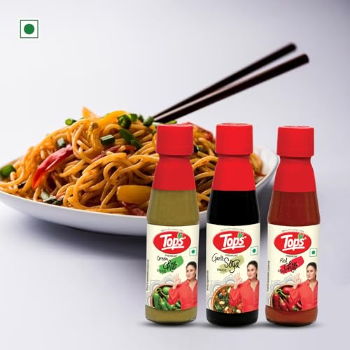 Image of TOPS Red Chilli Sauce 200 gm + Green Chilli Sauce 200 gm +Dark Soya Sauce 220 gm -(Combo) Pack of 3.