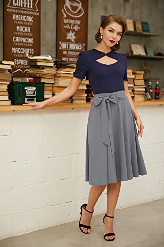 Belle Poque Women's High Waist Midi Swing Skirt with Pockets Gray 3XL - Thumbnail 3