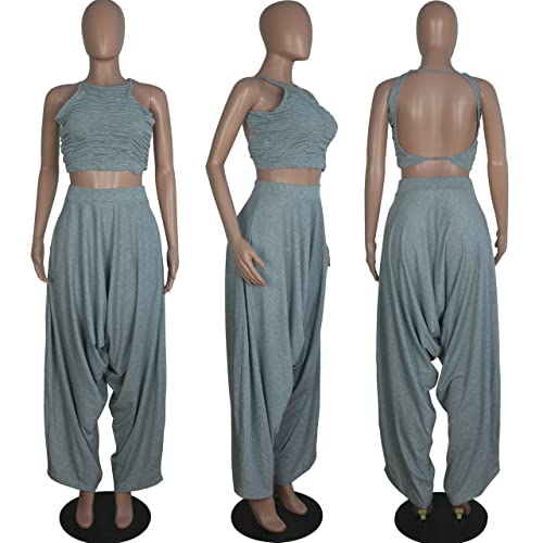 Wokanse Women Casual Solid 2 Piece Outfits Jumpsuits Sleeveless Halter Ruched Crop Tops Loose Leg Pants Set Tracksuits Grey M #TOP5
