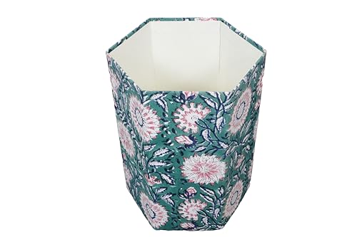 Image of 3.3 Gallon Cotton Hand Block Printed Paper Waste Basket |Small Decorative Trash Can for Housewarming Gifts in Living Room, Bedroom, Bathroom | Eco-Friendly, Plastic-Free (1, Green Pink FLOWAR)