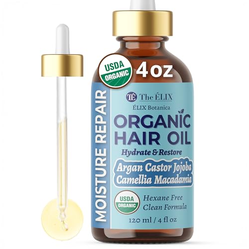 USDA Organic Hair Oil for Frizzy Hair with Argan Jojoba & Castor | Frizz Control Hair Treatment for...