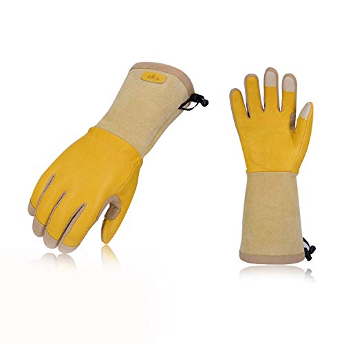 Vgo ガーデン手袋 ガーデングローブ 牛表革 男性用 園芸手袋 タッチパネル対応 耐磨耗 背抜き ガーデニング 園芸用 手袋 草刈り バラ 手袋 中薄 春秋用 長袖 BBQ トゲ防止 作業用皮革手袋 (M,ブラウン,CA1013)