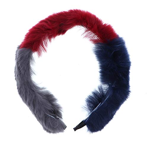 Tri Colored Fur Headband for Women and Girls - Blue Burgundy Grey