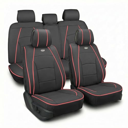 Image of FH Group Ultra Comfort Highest Grade Faux Leather Full Set Car Seat Cushions- Universal Fit for Cars Trucks & SUVs (Black Red Trim)