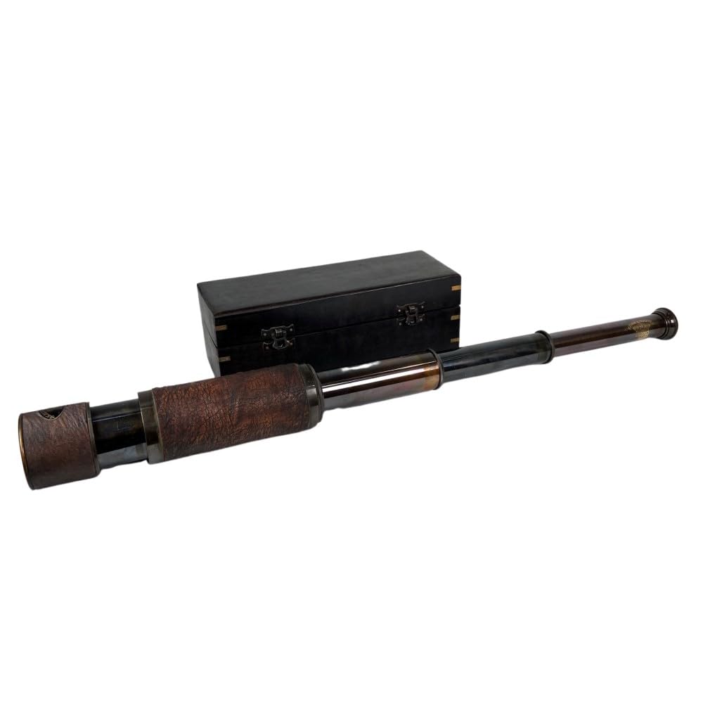 Antique Brass Finish Telescope Brown Leather Covered with Wooden Box, Vintage Spyglass Telescope Nautical Decor Telescope