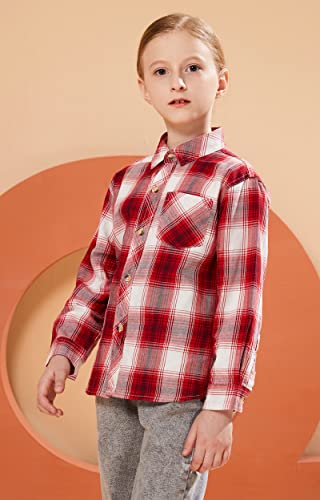 Solocote Girls Boys Long Sleeve Flannel Plaid Shirt Kids Button Down Cotton Blouse Loose Soft Tops Sln2252-Red-9-10Y #TOP1