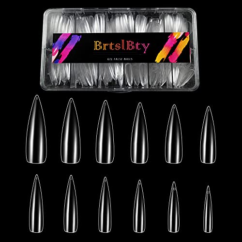 BrtslBty QT-P43-CKG Extra Long Stiletto Gel Nails Tips XL Full Cover Soft Gel Nails Clear Nail Tips False Nails for Nail Salons and DIY Nail Art 504 Pcs 12 Sizes with Clear Box