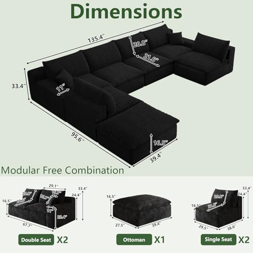 Image of 136 inch Cloud Couch Modular Sectional Sofa for Living Room, U-Shape Boneless Couch with Deep Seat, Modern Corduroy 6-Seater with Ottoman, No Assembly Required, Black