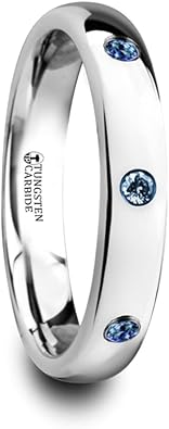 Mens Comfort Fit -Polished & Domed Tungsten Carbide Wedding Ring - 3 Blue Sapphires Setting - 4mm Wide - Style name HALIA -