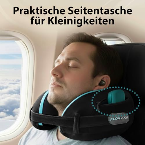 FLOWZOOM Dream Pro - Nackenkissen mit extra seitlicher Stütze und flexibel einstellbarem Klettverschluss - Reisekissen Flugzeug aus Memoryschaum - inkl. Reisebeutel & Geschenkverpackung - Schwarz
