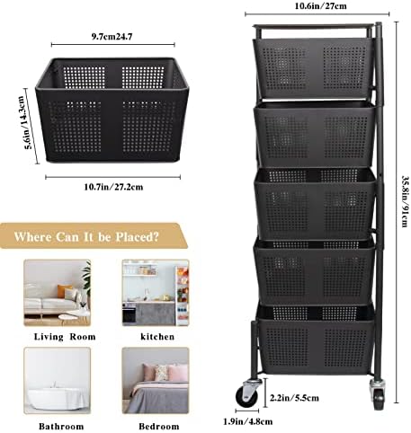 Square Rotating Multi-Layer Kitchen Storage Shelf Rack, VASZOLA Movable 5 Tier Fruit Vegetable Storage Basket, Floor-Standing Household Storage Rack Shelf for Kitchen Living Room Toilet(Easy Assemble)