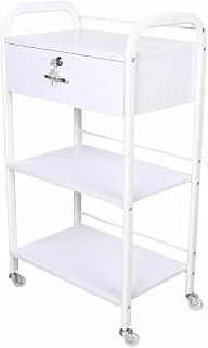 3 Tier Salon Trolley Cart On Wheels, Wooden Mobile Utility Cabinet, Metal Frame & Open Shelves, Rolling Storage Station W/Lockable Drawer for Spas, Estheticians, Salons & Massage
