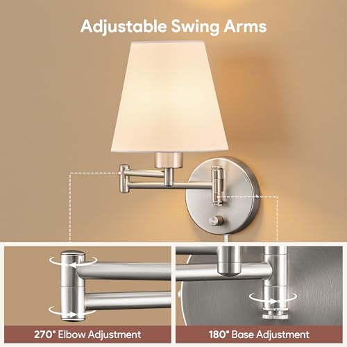 Image of VONLUCE Wall Sconce Set of 2, Plug in & Swing Arm Wall Lamps, Nickel Finish | Modern Wall Lights with White Fabric Shades, Plug in & Hardwired Wall Mounted Light for Bedside, Living Room, Hallway