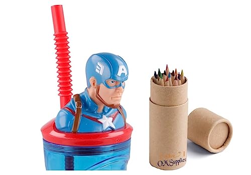 Captain America 3D Figurine Cartoon Characters Reusable Tumbler Childrens Drinking Cup Reusable Straw 23 x 7.5 x 7.5cm (Captain)