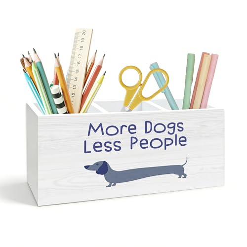 KJULYW Funny Dachshund Pen Holder for Desk, Weiner Dog Gifts for Women Men, More Dogs Less People Wooden Box Pencil Pen Holder Organizer for Home Office Desk Accessories