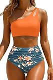 Yonique Women High Waisted Bikini - One Shoulder Bathing Suit Tummy Control Two Piece Swimsuit 2025 Orange Flowers Medium