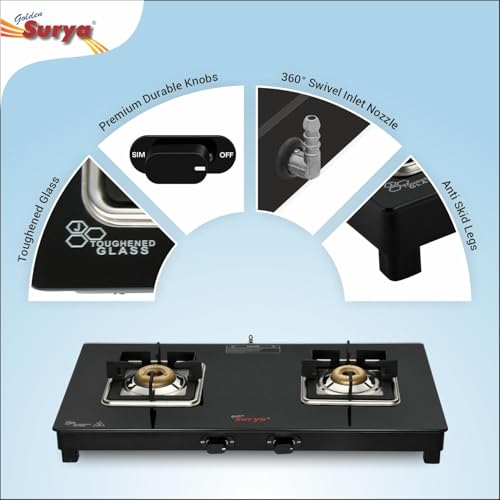 Image of Golden Surya 2 Burner Toughened Glass Gas Stove (CXJ-22 MS Pride) | Heavy Forged Brass | Manual Ignition | ISI Certified | 18 Months Warranty