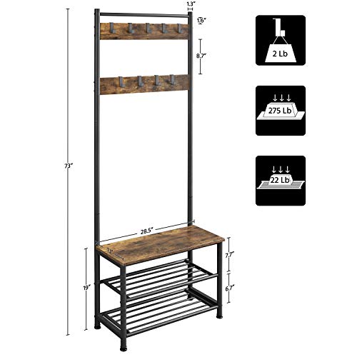 Yaheetech Metal Hall Tree With Shoe Storage Bench Entryway Coat Rack With 2 Shoe Shelves & 9 Movable Hooks, Rustic Brown #TOP5