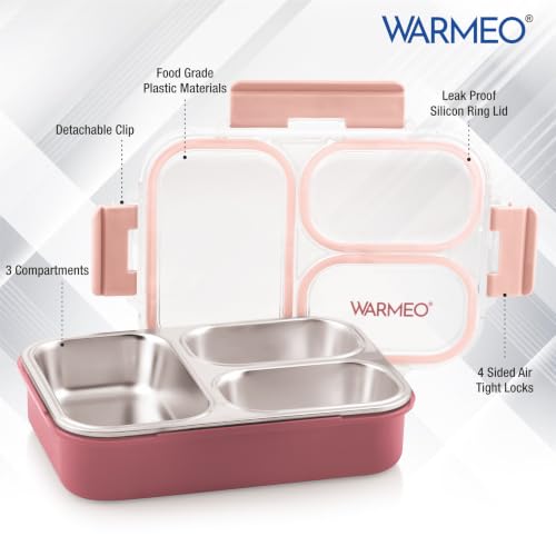 Image of WARMEO BENTO Microwave-Safe Stainless Steel Lunchbox with 3 compartments,bpa Free,Perfect for Office, School, Travelling, 750ml-Pink